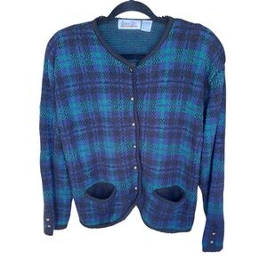 VTG Plaid Knit Cardigan Blue‎ Green Button Front Pockets Grunge Preppy Retro L